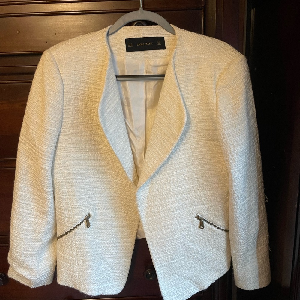 ZARA Basic White Tweed Jacket Blazer size XL